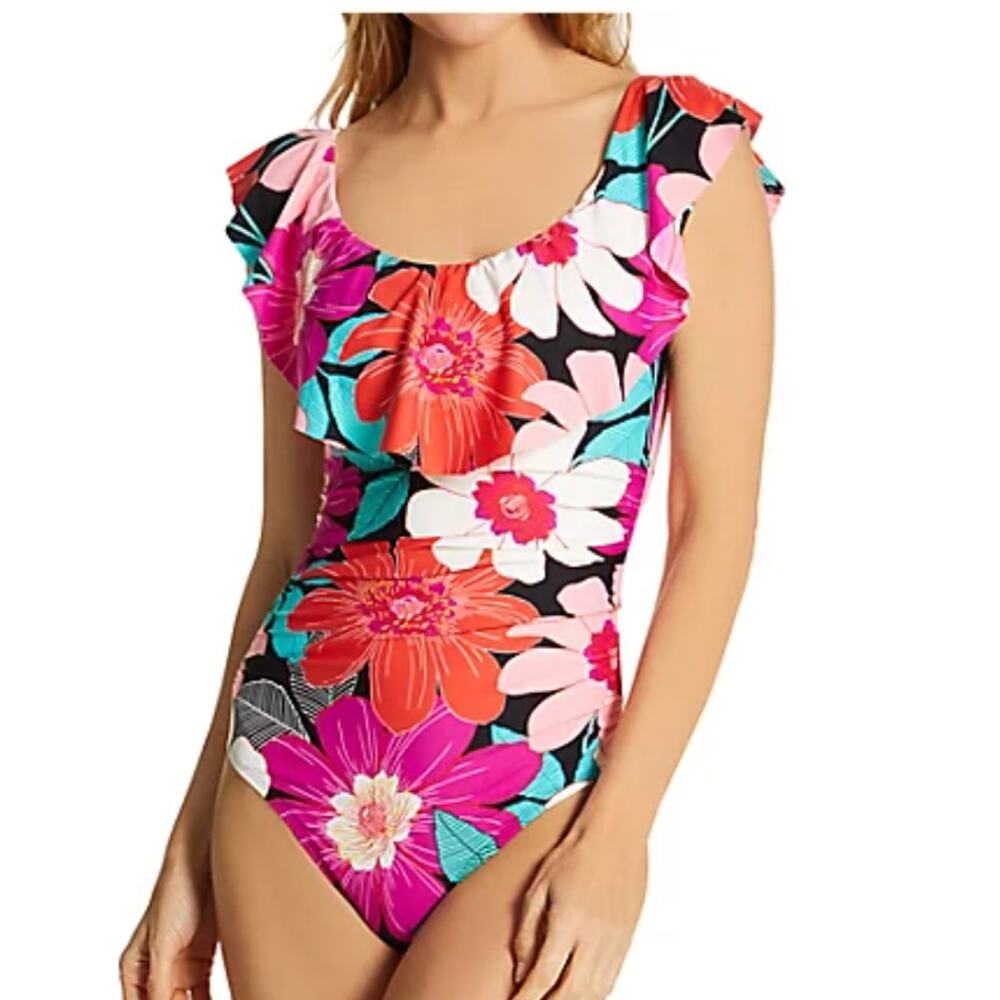 $135 La Blanca *In Full Bloom* Off/On Shoulder Ruffle One-Piece Swimsuit | Sz 6 - Picture 1 of 9